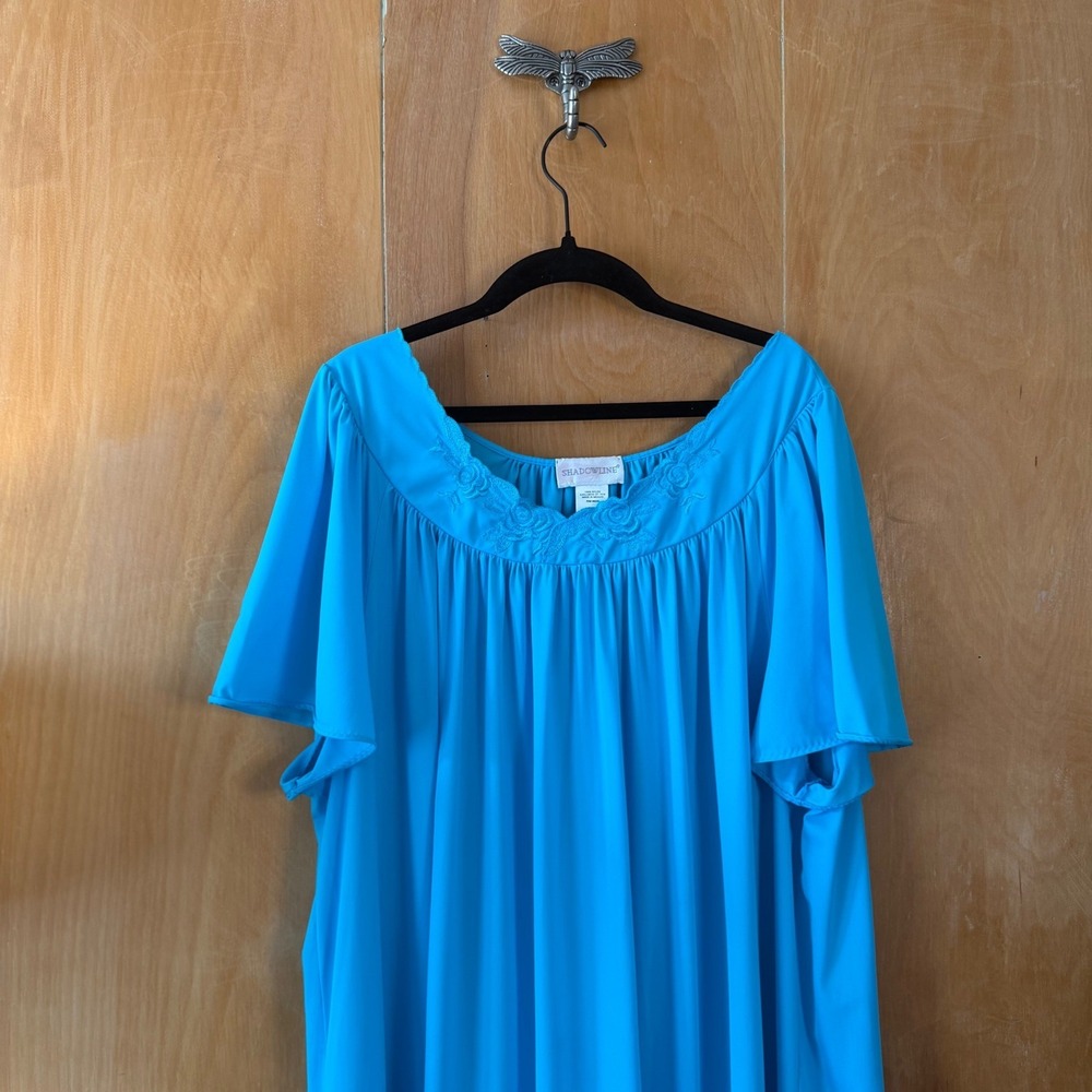 Shadowline Turquoise Blue Floral Embroidered Nylon Maxi Nightgown Womens 2X - Picture 4 of 7